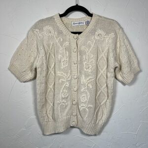Vintage Susan Ashley Cream Cable Knit Cardigan Sz M Cottagecore Spring Layering